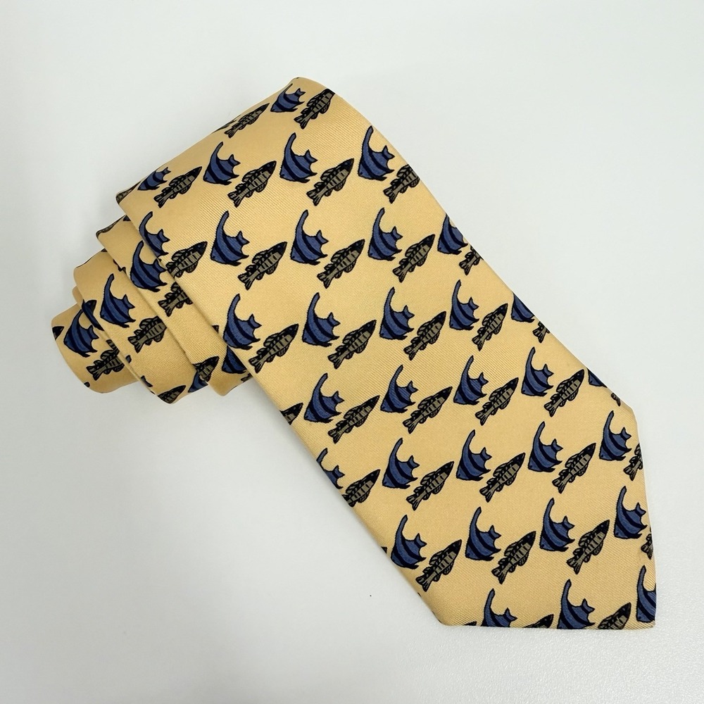 Hermes Mens Tie Fish Print Yellow/Blue Satin Silk 7336 EA 3.5" (W) x 57" (L) guc - Picture 3 of 7